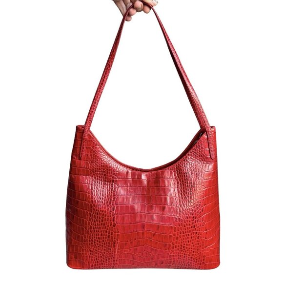 Valentino Vintage Red Croc Embossed Minimalist Shoulder Bag Medium - Picture 3 of 16